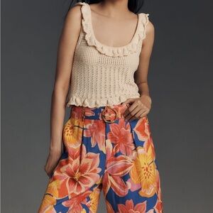 Farm Rio x Anthropologie linen blend belted Bermuda shorts, size medium